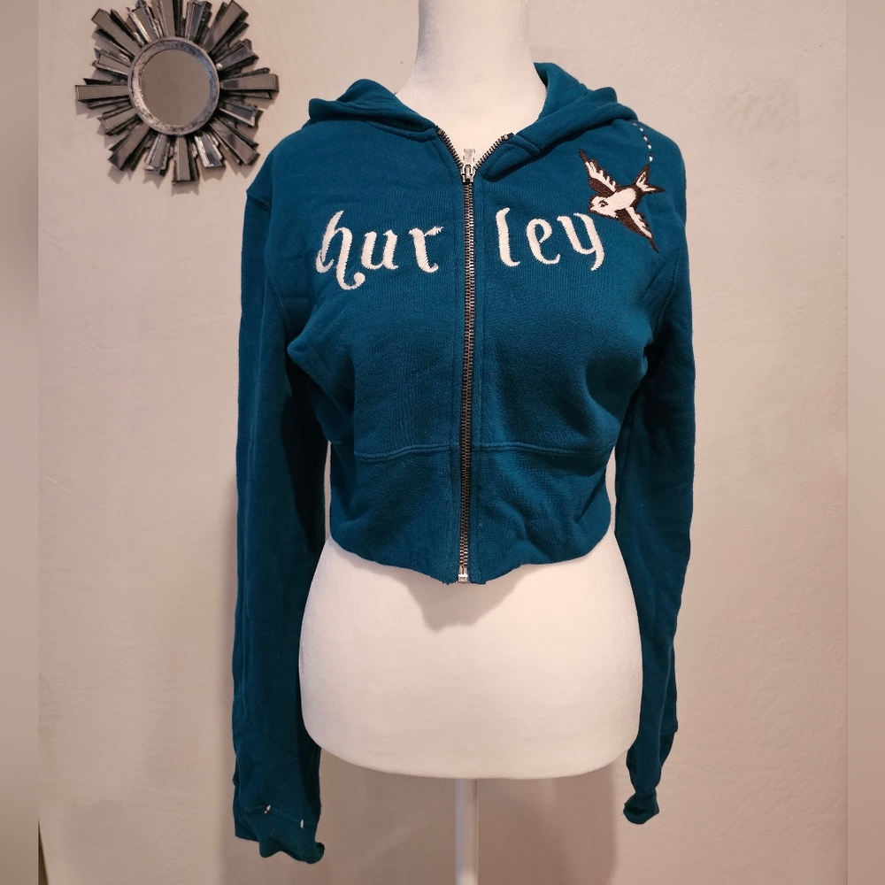 Hurley Women's Embroidered Cropped Hoodie Teal Size M Vintage EUC